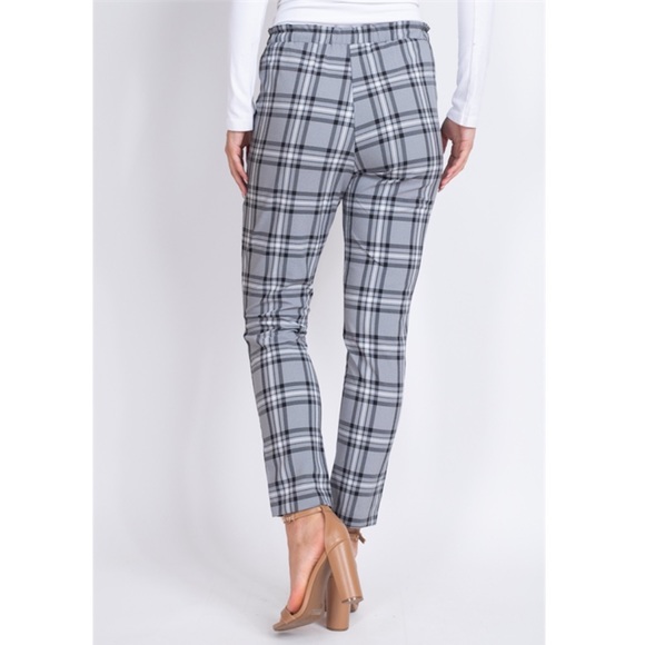 Black Gray and White Plaid Slim Fit Drawstring Trousers - Picture 4 of 16